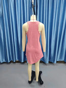 Summer environment women's solid color U-neck sleeveless herringbone suspender vest dress casual versatile short skirt