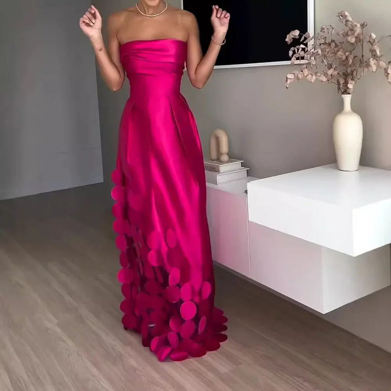 European and American Fashion Strapless, High-waisted Evening Gown, Women Design Sense Stitching Wafer Satin Sexy Dress Vestidos