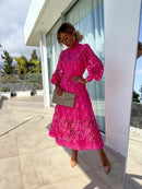 Spring New French Lace Standing Neck Bubble Sleeves Wrapped Waist for Slimming Dress, Elegant European and American Long Dress