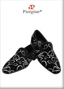 Piergitar Black Velvet And Octodandelion Strass Loafers Luxury Brand Same Design Red Bottom Handmade Crystals Men's Moccasins
