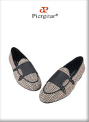 Piergitar 2024 Summer Style Plaid Cotton Men's Loafers Handmade Stitching Metal Buckle Monk Slippers Breathable Leather Insole