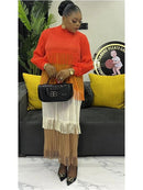 Women's Pleated Puff Sleeve Tassel Dress