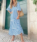 Women Dress Summer Puff SleeveBoho V Neck Printing Long Dress LooseHoliday Beach Female Casual FloralDresses Party Vestidos