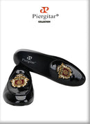 Piergitar Black Patent Leather Men's Loafers With Manual Embroidery Patches Imported From India Slip-On Moccasins Red Outsoles