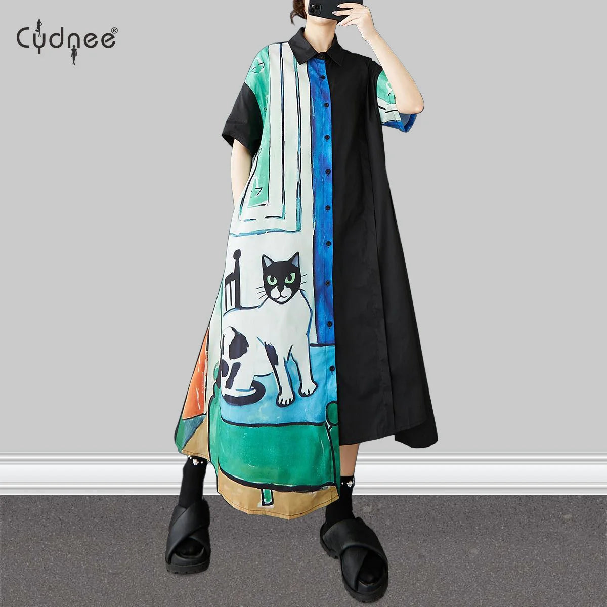 Women Long Shirt Type Dress Button Down Big Size Maxi Dress Oversized Asymmetric Robe Vestidos Para Mujer Kaftan Patchwork Dress