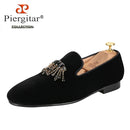 Piergitar Black Color Men Velvet Shoes With Handmade Rhinestones Buckle For Party And Wedding Classic Model Slip-On Loafers