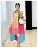 Miyake Women's Color Matching Dress, Autumn and Winter New Fashion Print Pleats, Medium Length, Loose Length Skirt