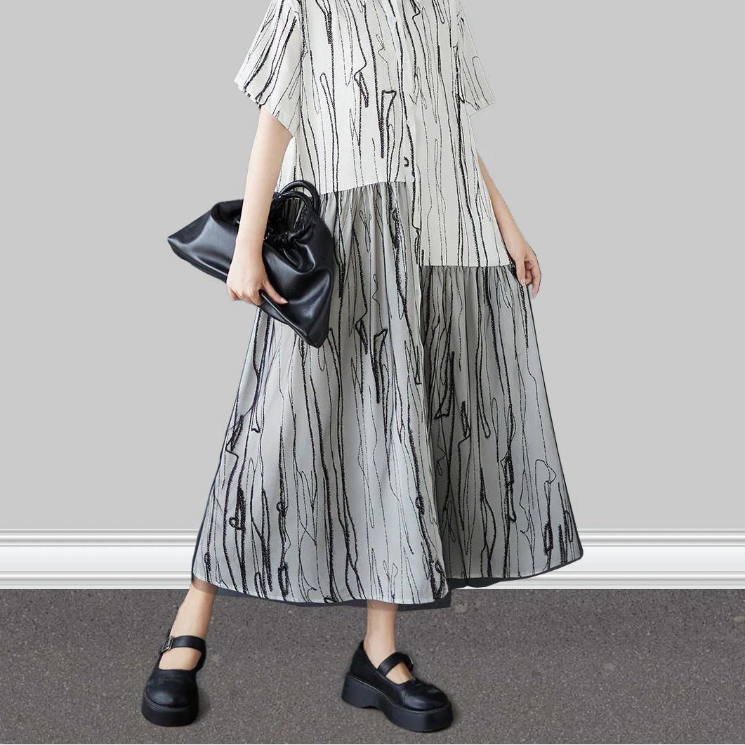 Stripe Print Mid Length Buttoned Midi Dress
