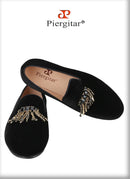 Piergitar Black Color Men Velvet Shoes With Handmade Rhinestones Buckle For Party And Wedding Classic Model Slip-On Loafers