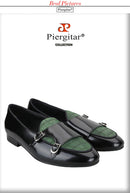 Piergitar Black Polished Leather Patchwork Green Crocodile Suede Men's Monk Shoes Handmade Slip-On Loafers For Wedding And Party
