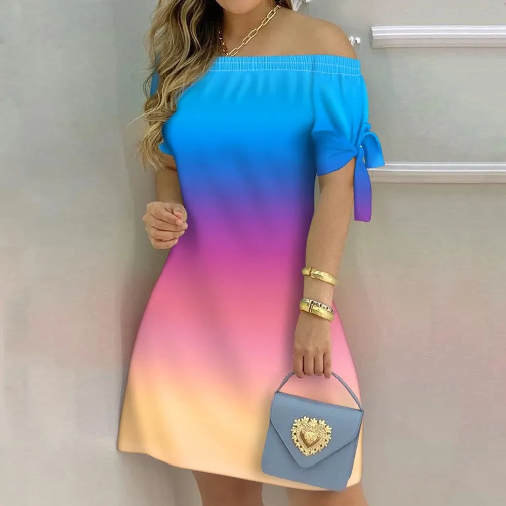3XL Women's Casual Gradient Off Shoulder Short Sleeve Dress Bow Print Mini Dress