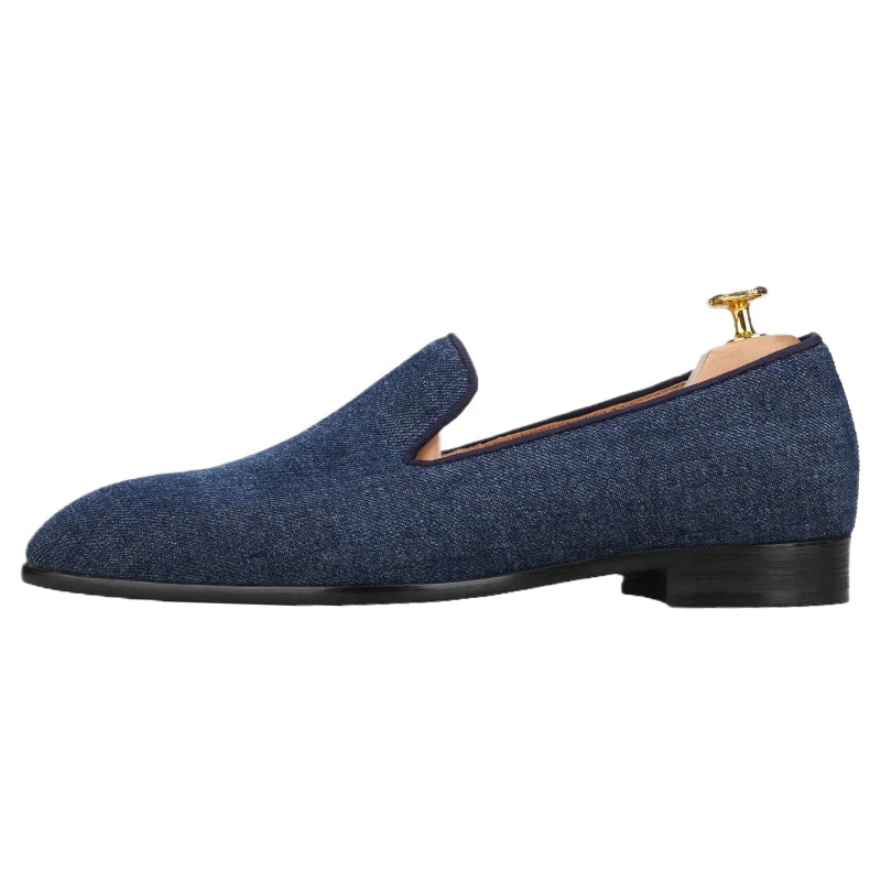 Piergitar 2022 New Summer Style Navy Denim Men's Loafers Red Outsole Man Smoking Slippers Breathable Leather Insole Plus Size