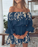 Sexy Slash Neck Long Flare Sleeve Floral Print Mini Dress Summer Women Boho Party Vestidos NMD-6650