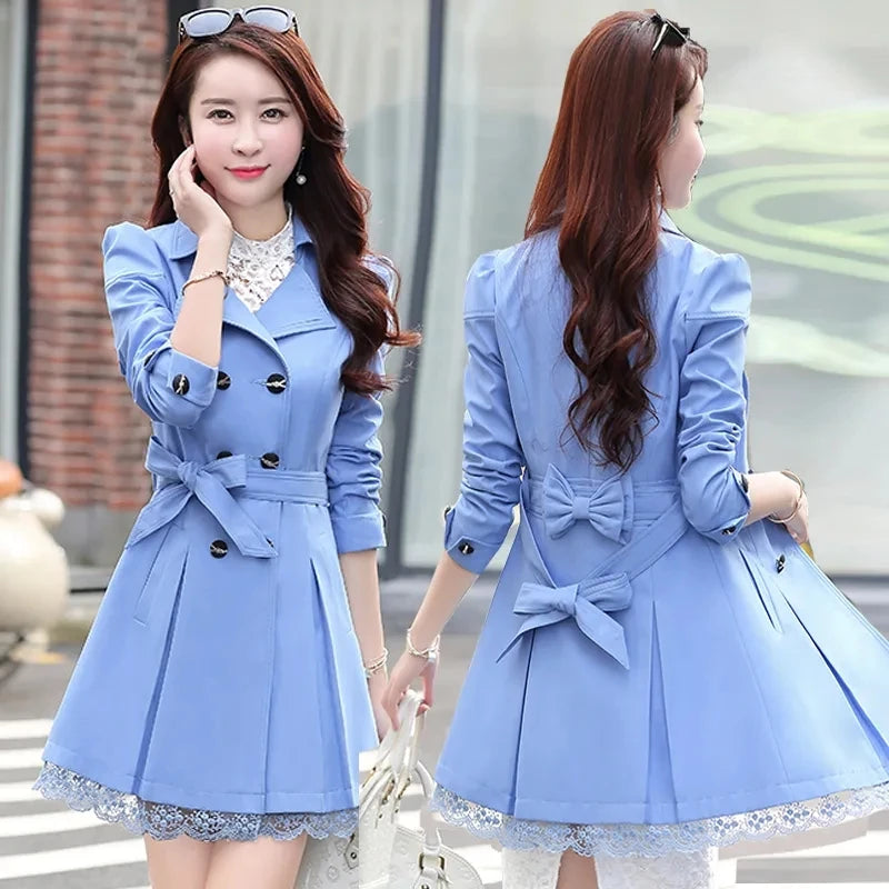2025Spring Autumn New Windbreaker Coat Women Fashion Slim Mid Long Lace Trench Coat Female Casual Double-breasted Outerwear Tops
