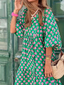 Women Dress Summer Puff SleeveBoho V Neck Printing Long Dress LooseHoliday Beach Female Casual FloralDresses Party Vestidos