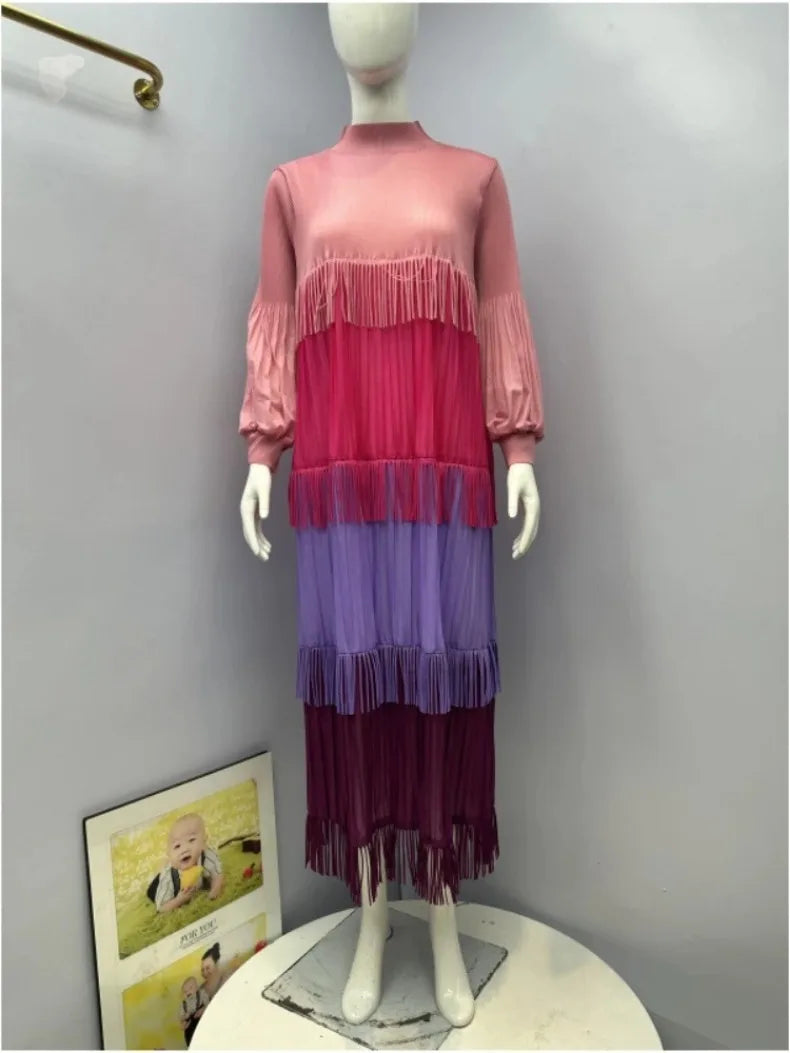 Women's Pleated Puff Sleeve Tassel Dress