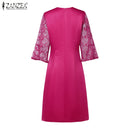Women Summer Lace Patchwork Dresses ZANZEA Elegant Party Work Dress Fashion 3/4 Flared Sleeve V-Neck Satin Vestidos Robe Femme