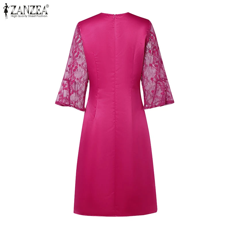 Women Summer Lace Patchwork Dresses ZANZEA Elegant Party Work Dress Fashion 3/4 Flared Sleeve V-Neck Satin Vestidos Robe Femme