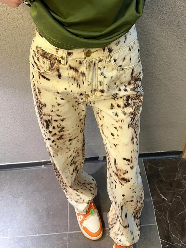 High Waisted Retro Leopard Print Straight Jeans