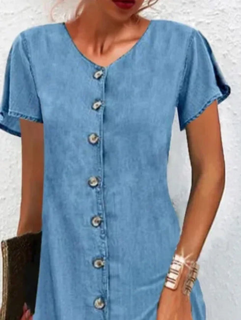 New women's casual fashion cover simple fresh square collar button short sleeve high waist denim dress