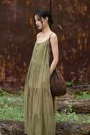Cotton Linen Long Spaghetti Strap Dress