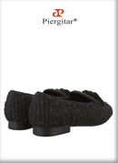 Piergitar 2025 White And Black Colors Tweed Men's Loafers With Handmade Tassels British Classic Style Slip-On Smoking Slippers