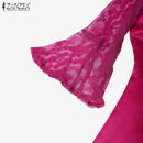 Women Summer Lace Patchwork Dresses ZANZEA Elegant Party Work Dress Fashion 3/4 Flared Sleeve V-Neck Satin Vestidos Robe Femme