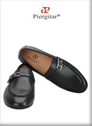 Piergitar Black Napa Calfskin Men Loafers Luxury Brand Same Style Customized Metal Buckles With Letter "H" Formal Leather Shoes