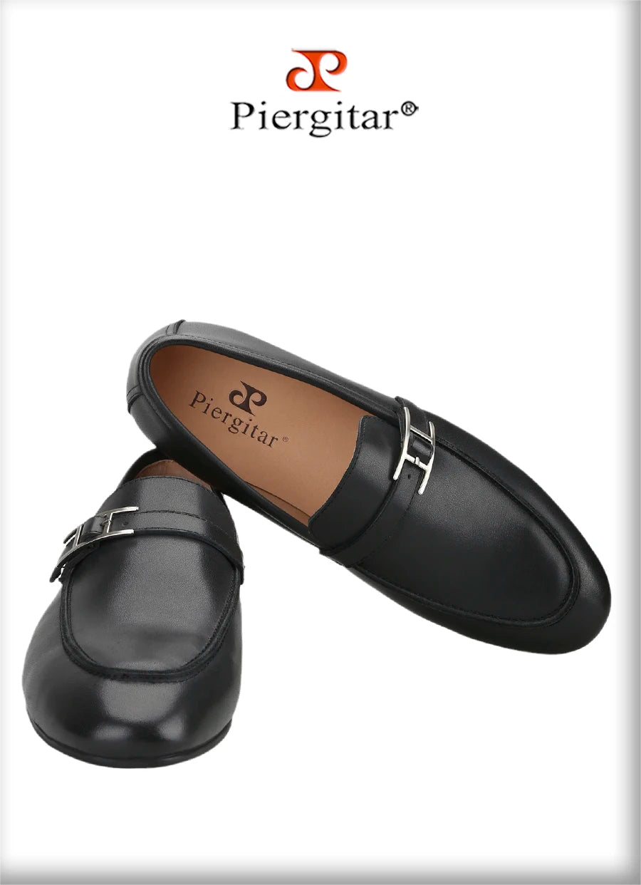 Piergitar Black Napa Calfskin Men Loafers Luxury Brand Same Style Customized Metal Buckles With Letter "H" Formal Leather Shoes