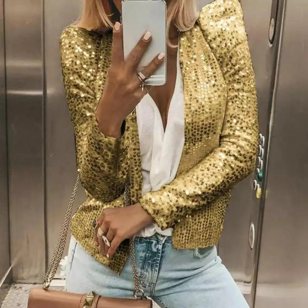 Sequin Jacket Women Fashion Shiny Sequin Jacket Gold Color Stand Collar Short Coat Autumn Lady Sparkly Glitter Short Blazer