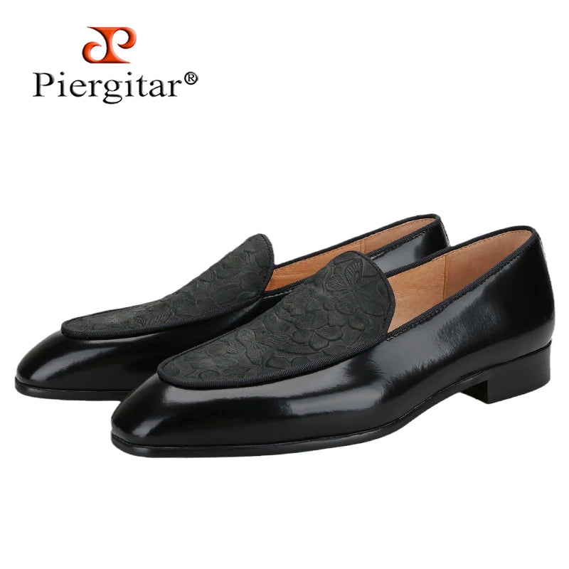 Piergitar Flower Pattern Embossed Leather Patchwork With Black Calfskin Men's Loafers Handmade Slip-On Slippers Red Bottom Flats