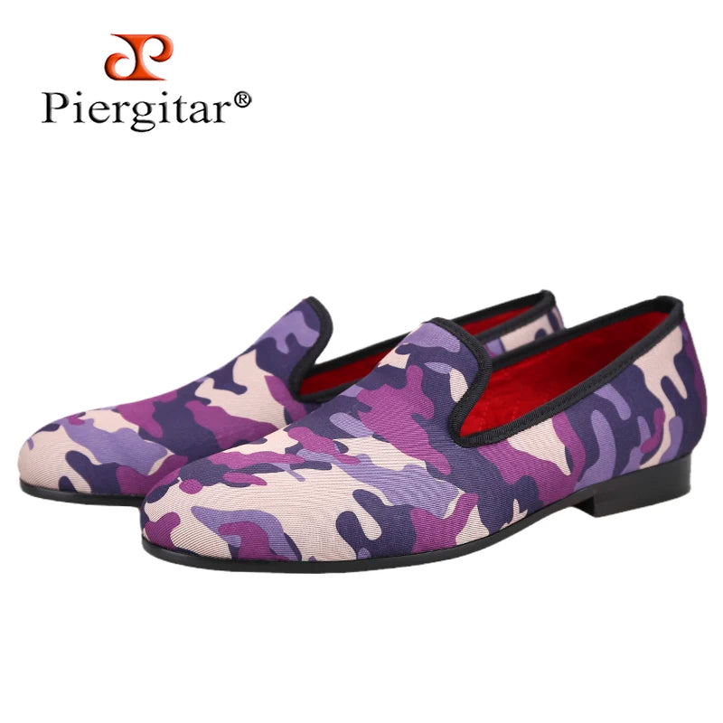 Piergitar Five Colors Camouflage Fabric Men Slip-On Shoes Handmade Male Loafers British Style Classic Smoking Slippers Plus Size