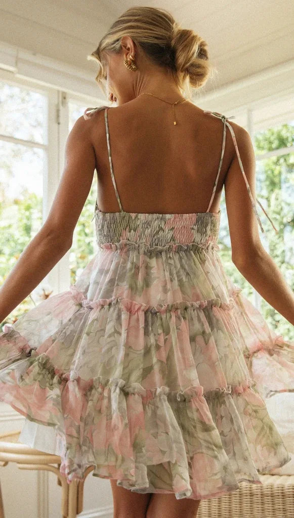 Spaghetti Strap Flower Chiffon Mini Dress