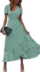 2025 Summer Women's Short-sleeved Dress V-neck Floral High Waist Slim and Stylish Bohemian Pleated Long Skirt