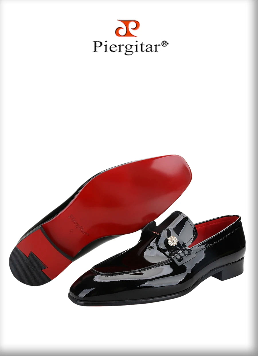 Piergitar Black Patent Calf Leather Men's Loafers With Silver Balls Crystals Buckles Handmade Moccasins For Wedding Or Prom Wear