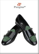 Piergitar Black Polished Leather Patchwork Green Crocodile Suede Men's Monk Shoes Handmade Slip-On Loafers For Wedding And Party