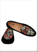 New Black Velvet Thread Dragon Print Satin Belgian Loafers for Men with Leather Tie Handcrafted Moccasin