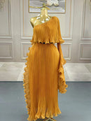 Miyake Dress2025 New Miyake Pleated Lotus Leaf Dense Edge Design Slanted Shoulder Single Sleeve Dress Women