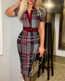 Geo Print Slim Fit Dress Elegant High Waist Slit Midi Dress, Women