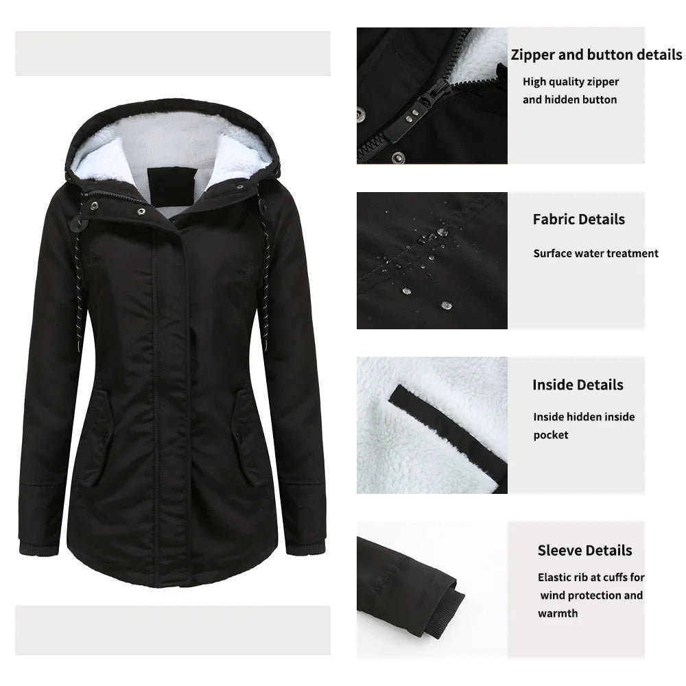 Women's Warm Hooded Parkas, Thick Plush Coats, Female Mid-Long Cotton Jacket, Winter Outwear, Big Size, S-5XL