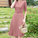 Summer Dress Women V-neck Short Sleeve Solid Pleated