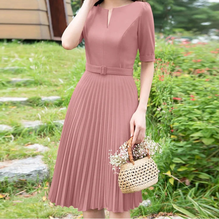 Summer Dress Women V-neck Short Sleeve Solid Pleated
