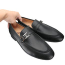 Piergitar Black Napa Calfskin Men Loafers Luxury Brand Same Style Customized Metal Buckles With Letter "H" Formal Leather Shoes