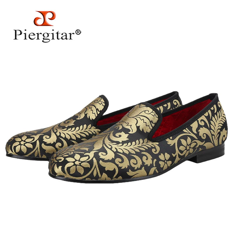 Piergitar 2023 New Upgrade Style Baroque Gold Jacquard Silk Men Loafers For Party Pair With Gold Suit Plus Size Moccasins