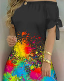 3XL Women's Casual Gradient Off Shoulder Short Sleeve Dress Bow Print Mini Dress