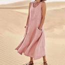 Women Linen Sundress Summer Female Sleeveless Double Big Pocket Loose Sand Beachwear Long Dress Oversized