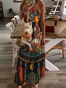 Women's Long Spaghetti Strap Tribal Pattern Dress