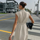 2025 Autumn New Style Commuter Long Skirt For Women Elegant Fashionable Solid Color Lapel Sleeveless High Waist Lace-up Dress