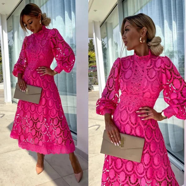 Spring New French Lace Standing Neck Bubble Sleeves Wrapped Waist for Slimming Dress, Elegant European and American Long Dress