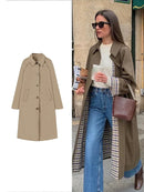TRAF Women's Fashion Long Trench Coat Retro Loose Single-breasted Coat Autumn and Winter Lapel High Street Temperament Coat